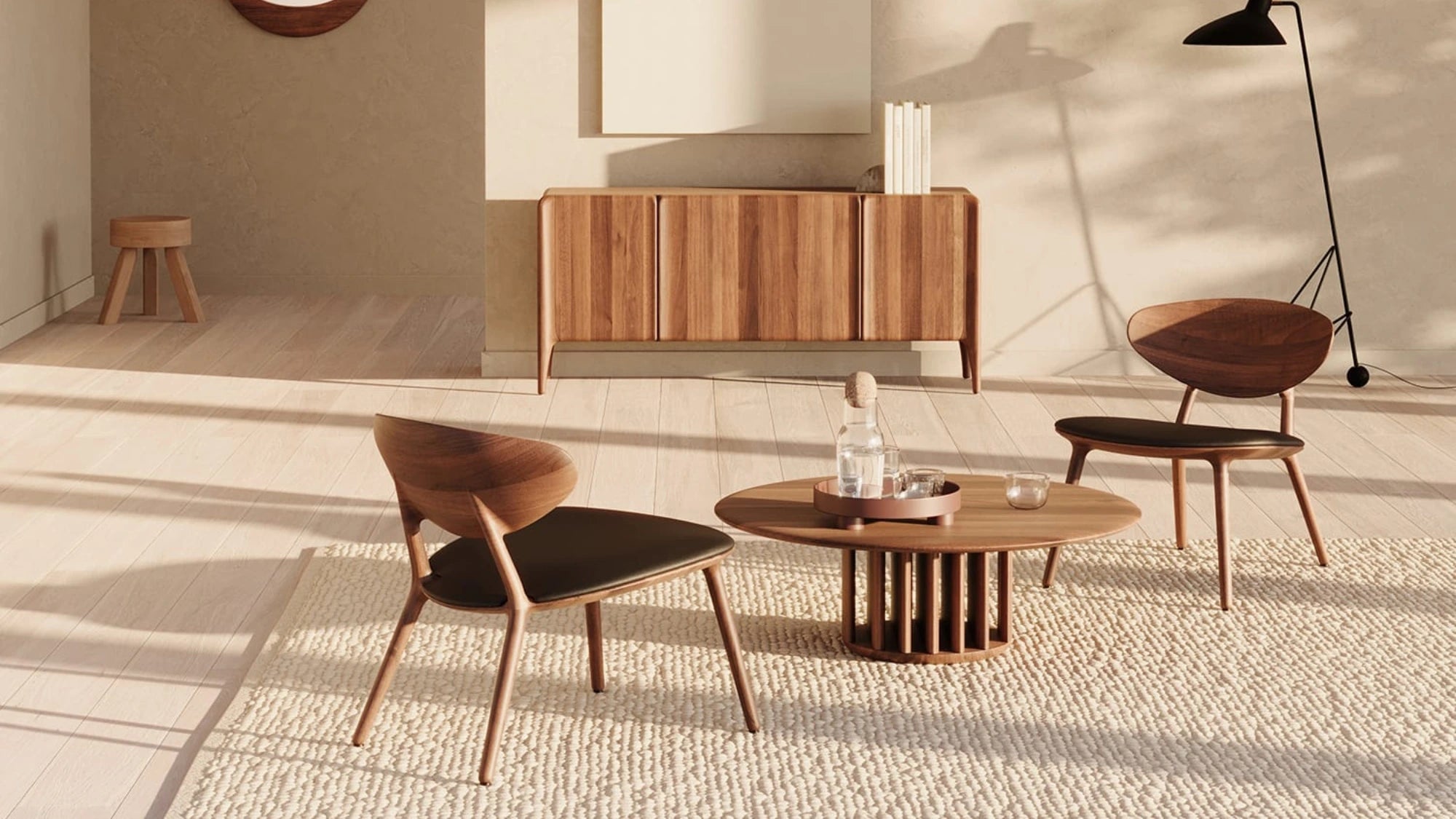 Modern living room with wooden furniture and a rug