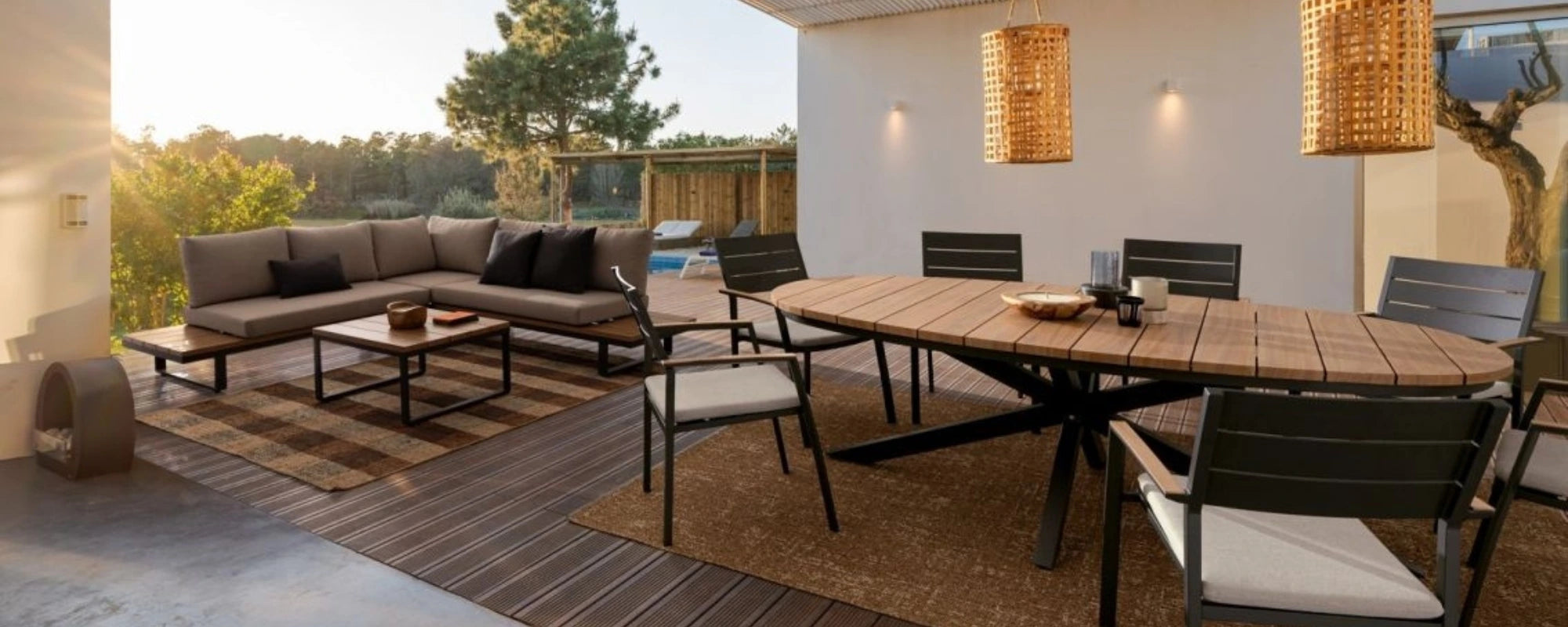Outdoor patio area with furniture and decor